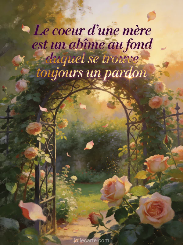 Jardin avec roses anciennes grimpantes sur une arche en fer forgé dans une lumière dorée avec pétales volants et le texte Le coeur d'une mère