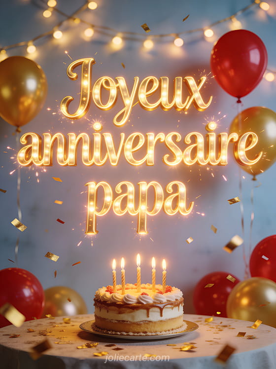 Gâteau d'anniversaire élégant avec bougies allumées, ballons rouges et dorés et confettis avec le texte Joyeux anniversaire papa