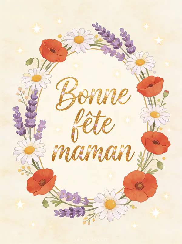 Couronne de fleurs champêtres avec marguerites lavande et coquelicots formant un cadre ovale avec le texte Bonne fête maman en lettres dorées