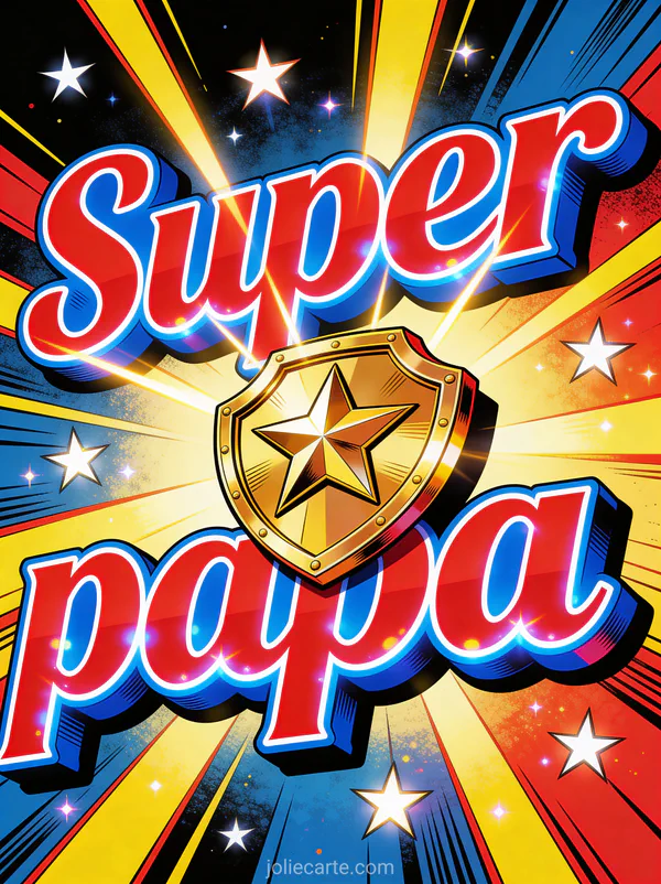 Écusson de super-héros doré avec étoile et rayons lumineux avec le texte Super papa en lettres style bande dessinée