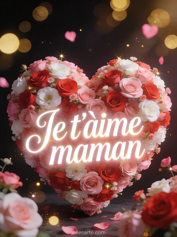 Immense coeur composé de centaines de petites fleurs roses rouges et blanches sur fond sombre avec lumières bokeh et le texte Je t'aime maman