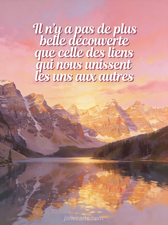 Paysage de montagne au lever du soleil avec lac reflétant les couleurs roses et dorées avec un poème pour papa