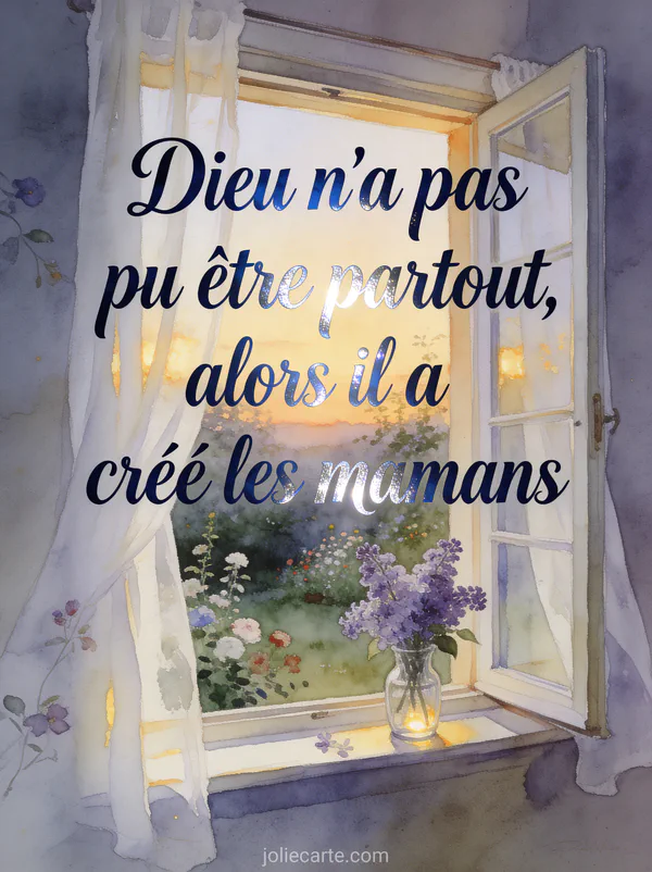 Fenêtre ouverte sur un jardin fleuri au crépuscule avec rideaux blancs flottants et bouquet de lilas dans un vase et le texte Dieu n'a pas pu être partout