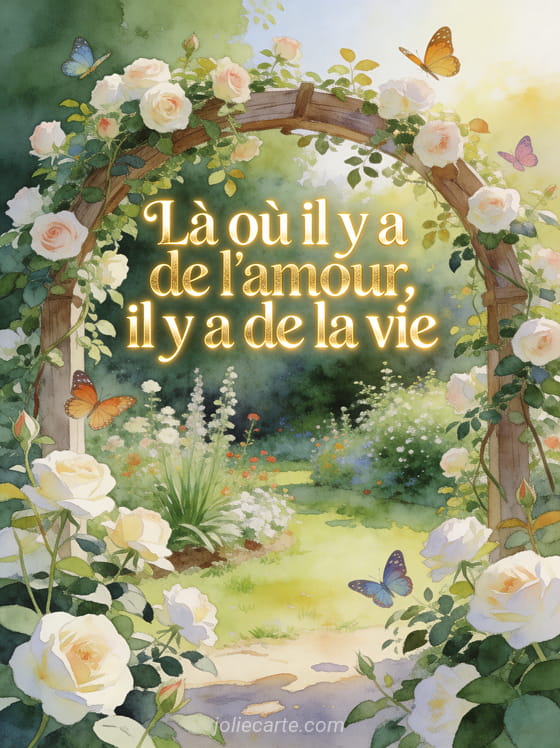 Jardin luxuriant avec rosiers grimpants sur une arche en bois et papillons colorés avec la citation Là où il y a de l'amour il y a de la vie