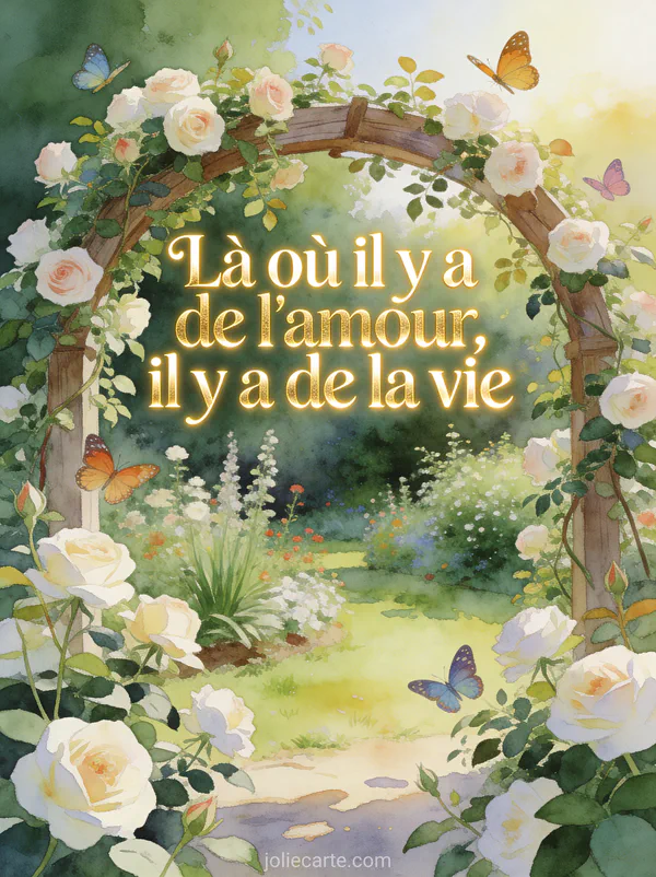 Jardin luxuriant avec rosiers grimpants sur une arche en bois et papillons colorés avec la citation Là où il y a de l'amour il y a de la vie