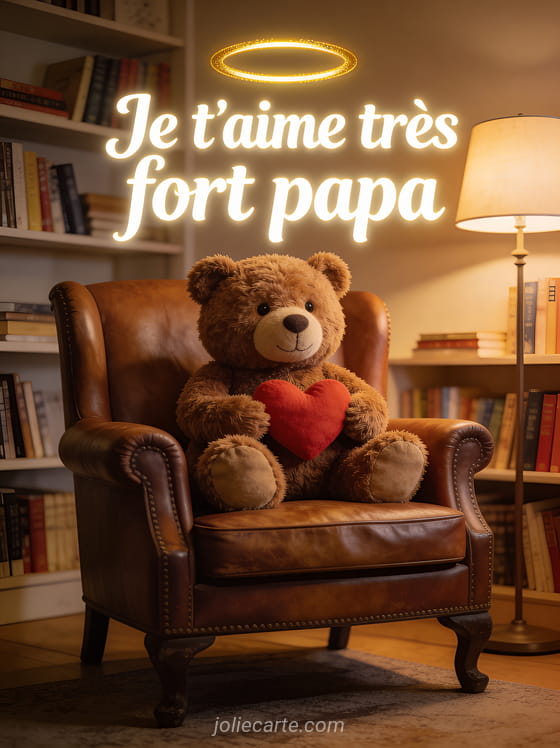 Ours en peluche marron tenant un coeur rouge sur un fauteuil vintage avec le texte Je t'aime très fort papa