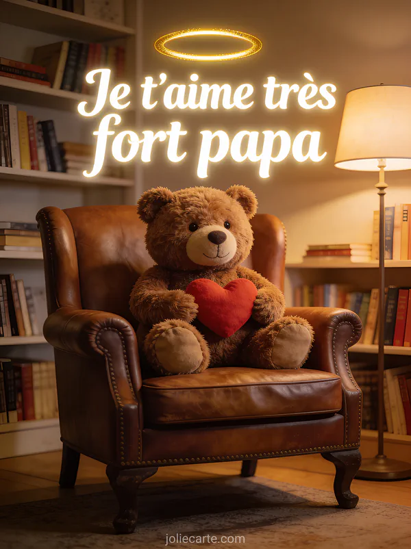 Ours en peluche marron tenant un coeur rouge sur un fauteuil vintage avec le texte Je t'aime très fort papa