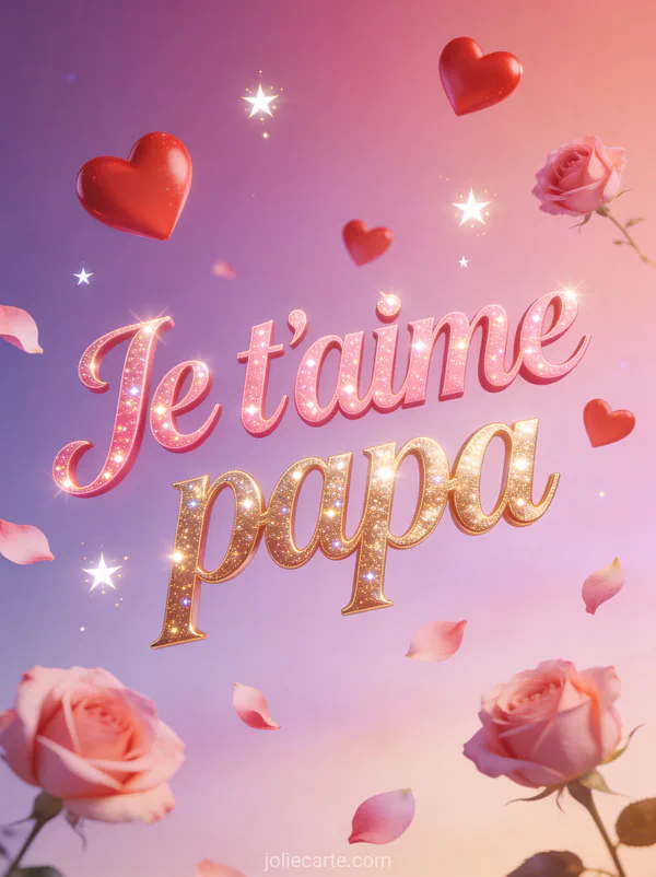 Coeurs rouges et roses flottant avec étoiles lumineuses et pétales de roses sur fond dégradé rose avec le texte Je t'aime papa