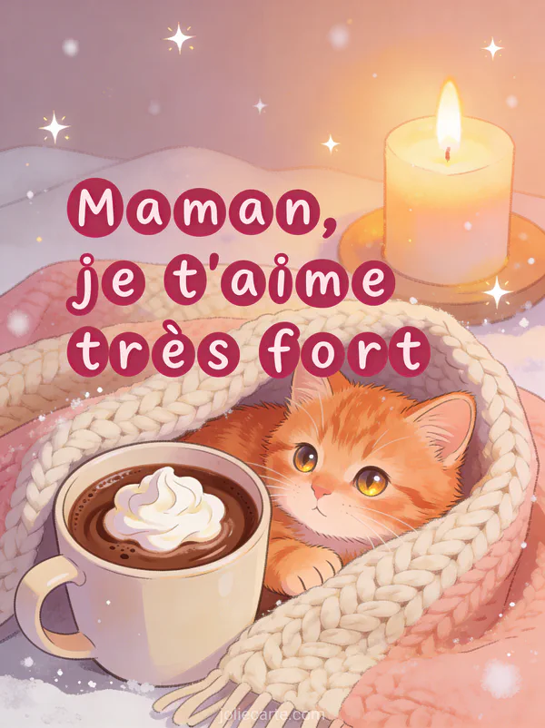 Adorable chaton roux blotti dans un plaid tricoté à côté d'une tasse de chocolat chaud avec étoiles scintillantes et le texte Maman je t'aime très fort
