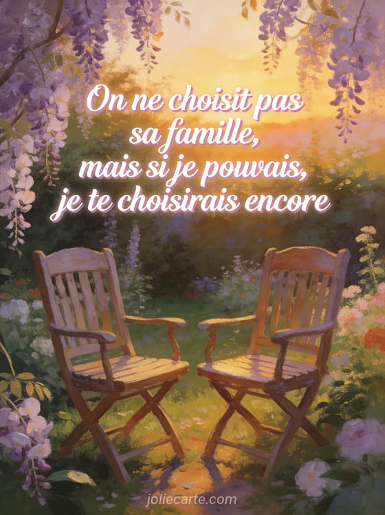 Deux chaises de jardin en bois côte à côte dans un jardin fleuri au coucher du soleil avec glycines en fleur
