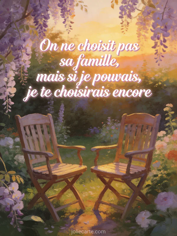 Deux chaises de jardin en bois côte à côte dans un jardin fleuri au coucher du soleil avec glycines en fleur