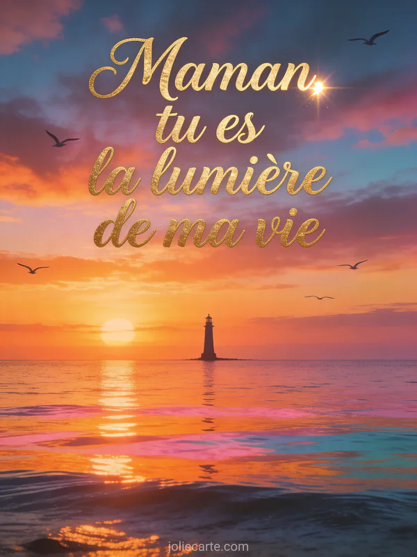 Coucher de soleil sur la mer avec reflets oranges et roses silhouette de phare au loin et oiseaux en vol avec le texte Maman tu es la lumière de ma vie