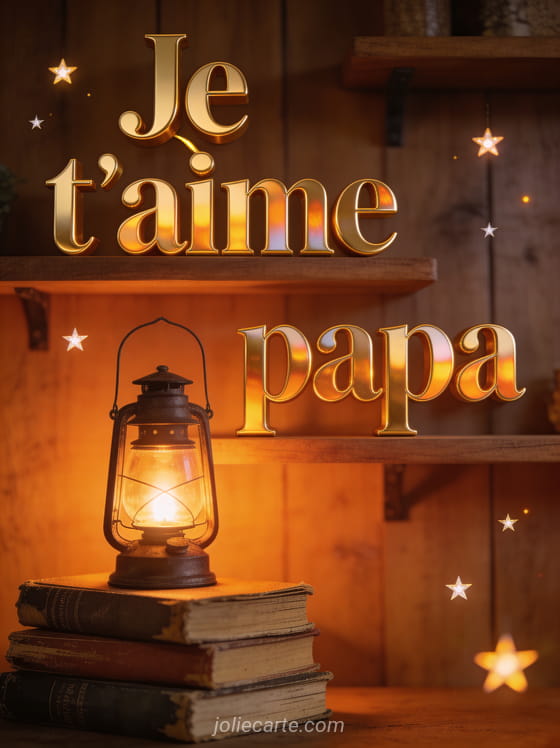 Lanterne ancienne allumée sur une pile de vieux livres avec étoiles lumineuses dans un intérieur boisé chaleureux et le texte Je t'aime papa