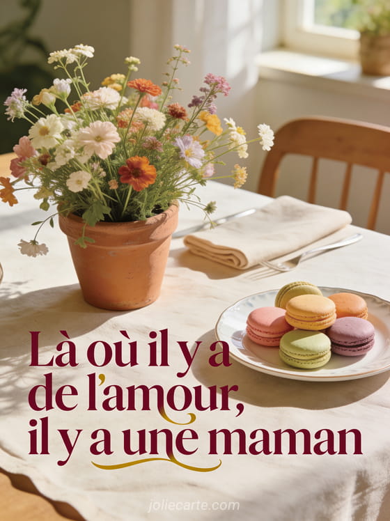 Table dressée avec nappe en lin bouquet de fleurs des champs dans un pot en terre cuite et macarons colorés avec le texte Là où il y a de l'amour il y a une maman