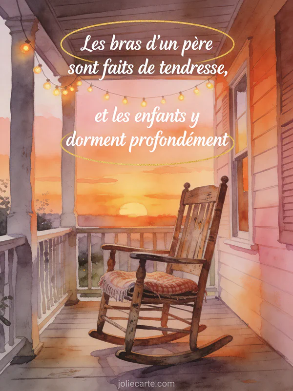 Rocking-chair en bois sur un porche avec vue sur un coucher de soleil orange et rose et guirlande de lumières