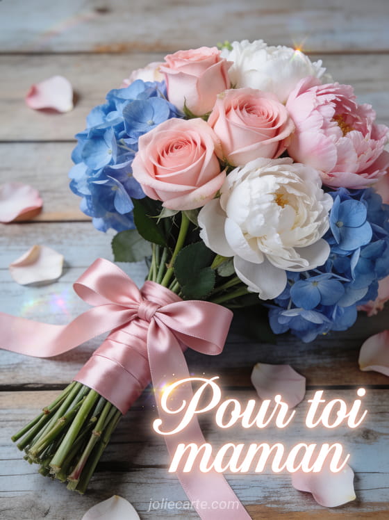 Somptueux bouquet de roses pivoines et hortensias noué d'un ruban satin rose posé sur fond de bois patiné avec le texte Pour toi maman