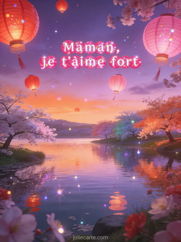 Lanternes chinoises lumineuses rouges et roses flottant dans un ciel crépusculaire avec reflets sur un lac et cerisiers en fleurs et le texte Maman je t'aime fort