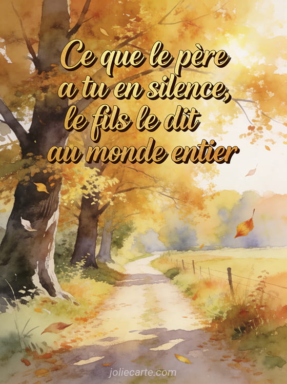 Sentier de campagne bordé de grands arbres aux feuilles dorées en automne avec lumière du soleil filtrant à travers le feuillage