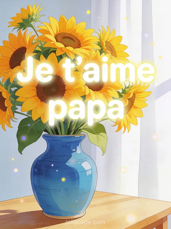 Bouquet de tournesols dans un vase en céramique bleue sur une table en bois avec lumière naturelle du matin et le texte Je t'aime papa