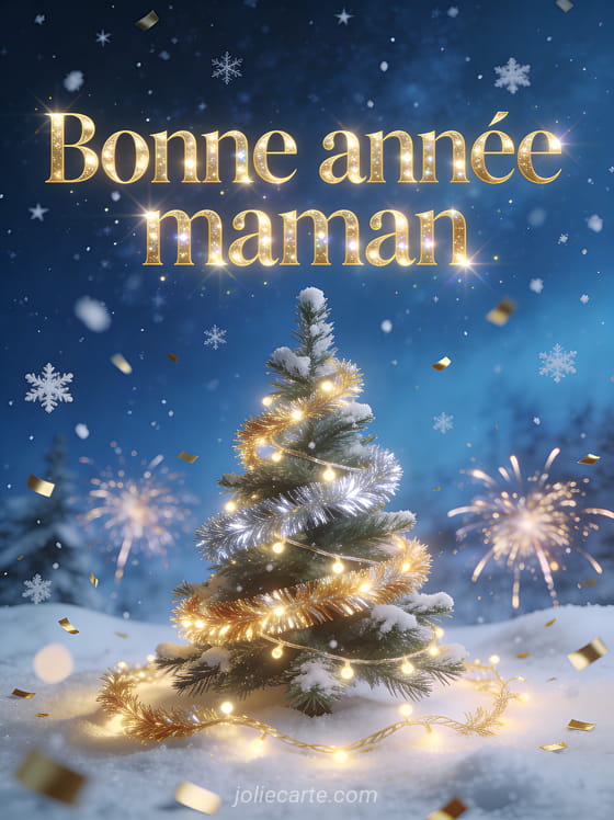 Sapin décoré avec guirlandes lumineuses dorées flocons de neige confettis et feux d'artifice sur fond bleu nuit étoilé avec le texte Bonne année maman