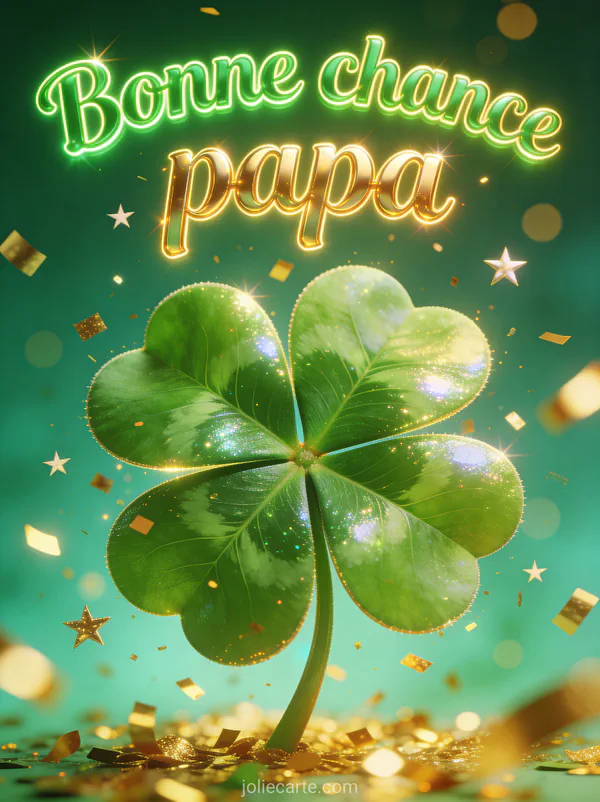 Trèfle à quatre feuilles géant brillant entouré de confettis dorés et étoiles sur fond vert émeraude avec le texte Bonne chance papa