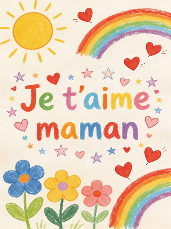 Dessin style enfantin aux crayons de couleur avec soleil jaune fleurs multicolores arc-en-ciel et coeurs rouges et le texte Je t'aime maman
