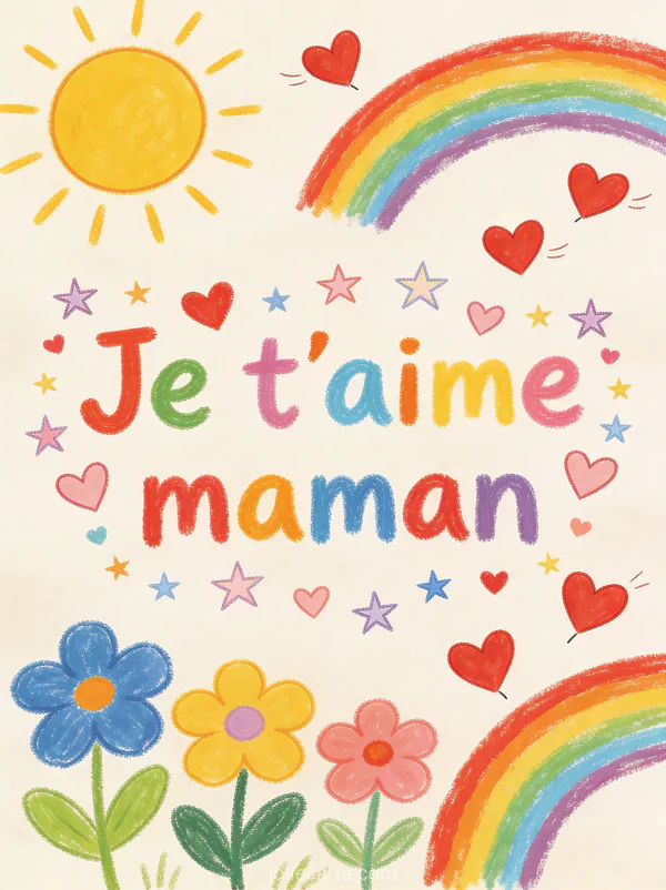 Dessin style enfantin aux crayons de couleur avec soleil jaune fleurs multicolores arc-en-ciel et coeurs rouges et le texte Je t'aime maman