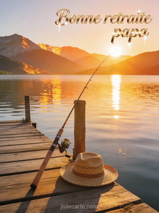 Canne à pêche posée contre un ponton en bois au bord d'un lac calme au lever du soleil avec chapeau de paille et le texte Bonne retraite papa