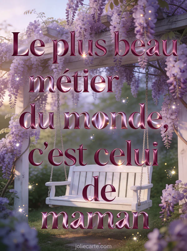 Jardin avec balancelle en bois blanc entourée de glycines mauves en cascade lumière tamisée et lucioles scintillantes avec le texte Le plus beau métier du monde