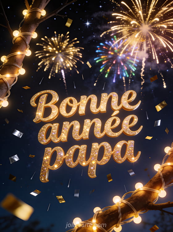 Feux d'artifice dorés et multicolores dans un ciel étoilé avec confettis dorés et argentés et le texte Bonne année papa