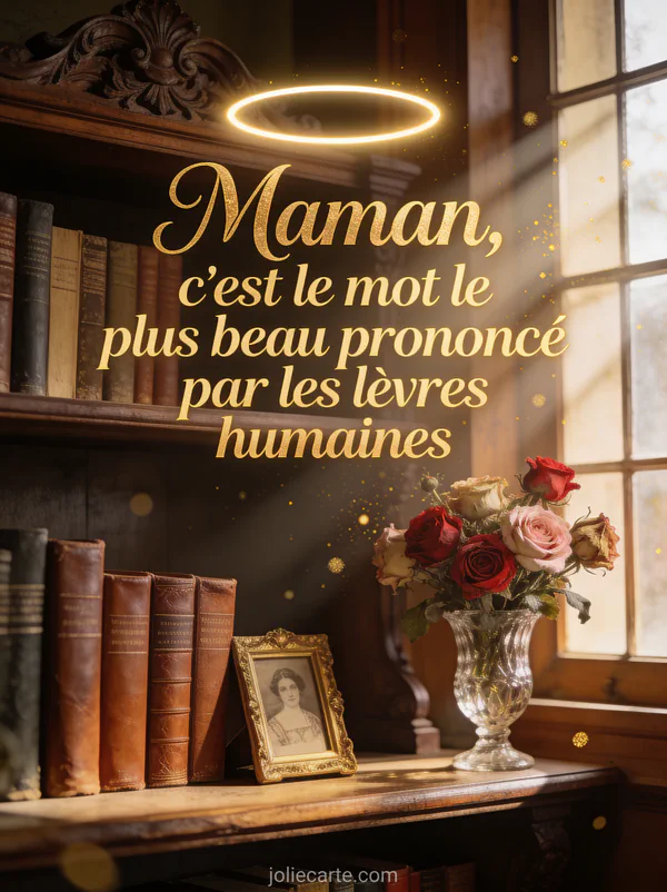 Étagère ancienne avec livres reliés cadre doré et bouquet de roses dans un vase en cristal avec rayon de lumière et le texte Maman c'est le mot le plus beau