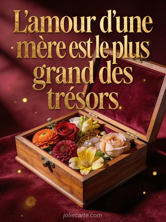 Coffret en bois ouvert révélant des fleurs fraîches roses renoncules et freesias sur fond de velours bordeaux avec le texte L'amour d'une mère est le plus grand des trésors