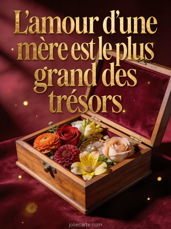 Coffret en bois ouvert révélant des fleurs fraîches roses renoncules et freesias sur fond de velours bordeaux avec le texte L'amour d'une mère est le plus grand des trésors