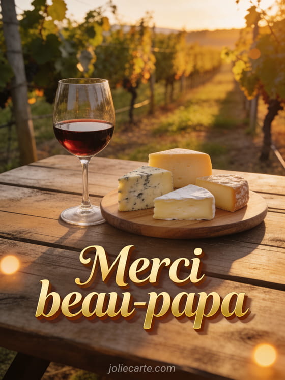 Verre de vin rouge et plateau de fromages sur une table en bois rustique avec vignes baignées de lumière dorée et le texte Merci beau-papa