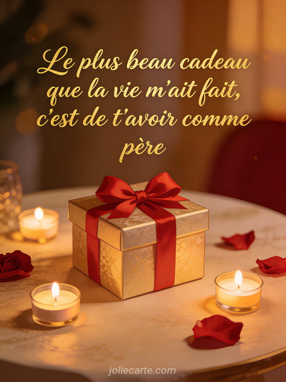 Paquet cadeau élégant avec noeud rouge entouré de bougies allumées et pétales de roses dans une ambiance tamisée