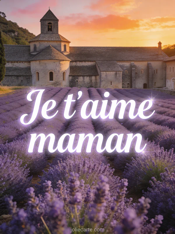 Champ de lavande en Provence sous un ciel doré au coucher du soleil avec un vieux mas provencal au fond et le texte Je t'aime maman