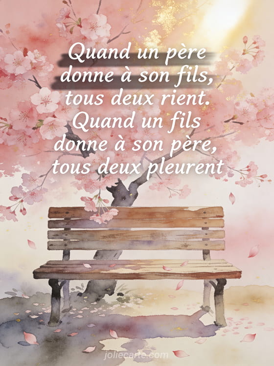 Banc en bois ancien sous un cerisier en fleurs roses avec pétales qui tombent dans une lumière rosée et dorée printanière