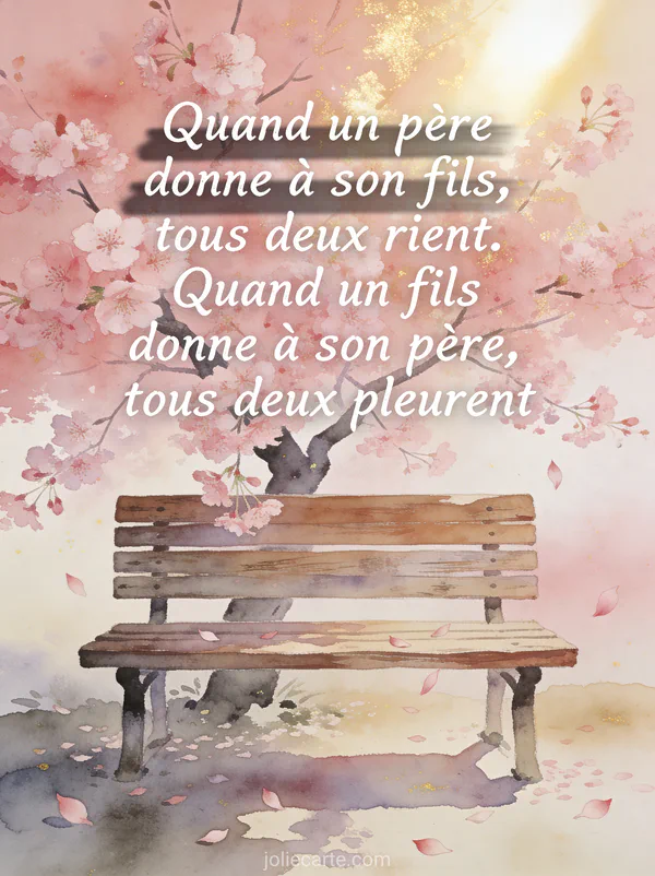 Banc en bois ancien sous un cerisier en fleurs roses avec pétales qui tombent dans une lumière rosée et dorée printanière