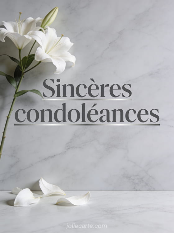 Branche de lys blancs sur fond de marbre gris clair avec éclairage doux et pétales blancs posés délicatement et le texte Sincères condoléances
