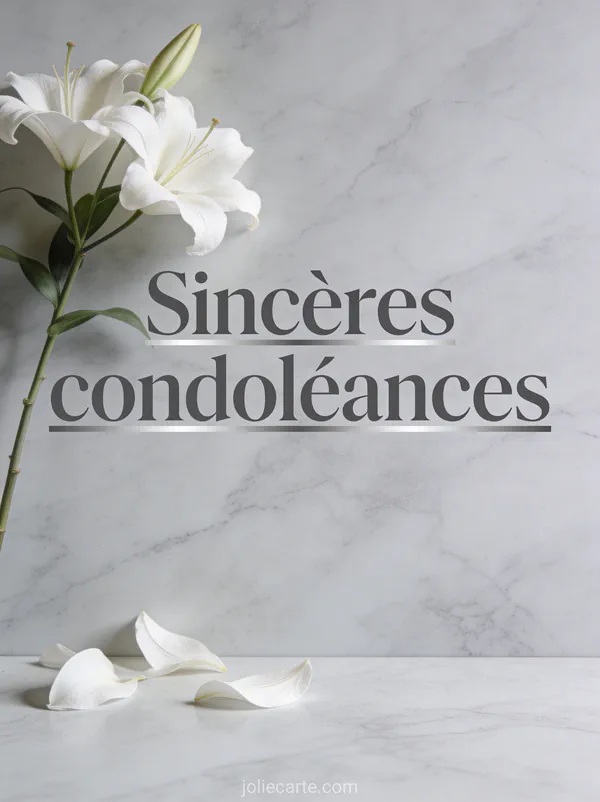 Branche de lys blancs sur fond de marbre gris clair avec éclairage doux et pétales blancs posés délicatement et le texte Sincères condoléances