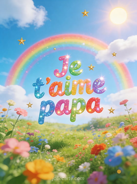 Arc-en-ciel vibrant au-dessus d'un paysage verdoyant avec fleurs sauvages colorées et ciel bleu avec le texte Je t'aime papa
