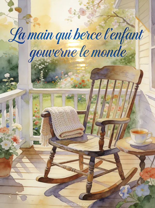 Rocking-chair ancien sur une terrasse en bois avec jardin fleuri couverture tricotée et tasse de thé fumante dans une lumière matinale dorée et le texte La main qui berce l'enfant