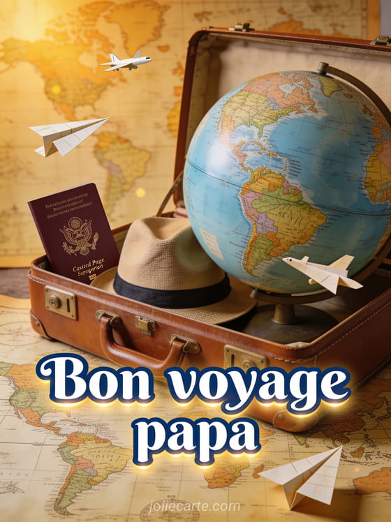 Valise vintage en cuir marron avec globe terrestre, passeport et chapeau de voyage sur fond de carte du monde ancienne et le texte Bon voyage papa