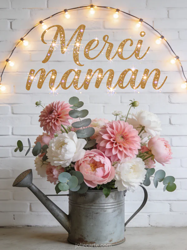 Composition florale de dahlias roses pivoines blanches et eucalyptus dans un arrosoir en zinc vintage avec guirlande lumineuse et le texte Merci maman