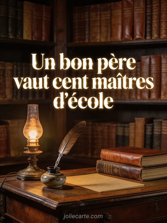 Bureau ancien en bois avec encrier, plume d'écriture et livres empilés éclairés par une lampe à huile dans une bibliothèque