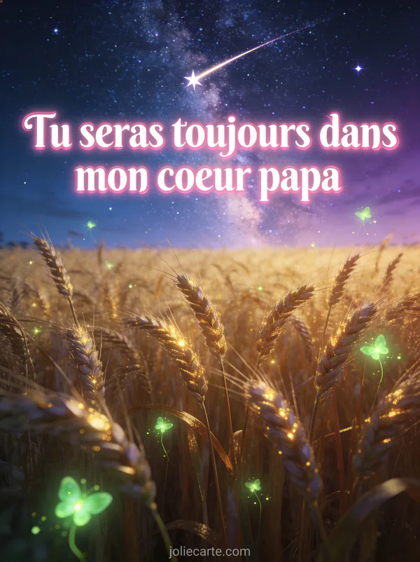 Ciel étoilé avec voie lactée au-dessus d'un champ de blé doré, étoile filante et lucioles avec le texte Tu seras toujours dans mon coeur papa