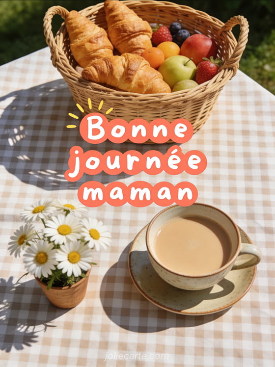 Panier en osier avec croissants et fruits frais sur nappe à carreaux café au lait dans un bol et marguerites dans un petit pot avec le texte Bonne journée maman