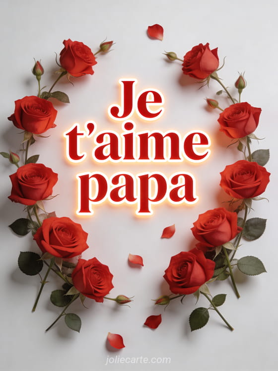 Roses rouges épanouies disposées en couronne sur fond blanc pur avec pétales qui tombent et le texte Je t'aime papa en lettres rouges