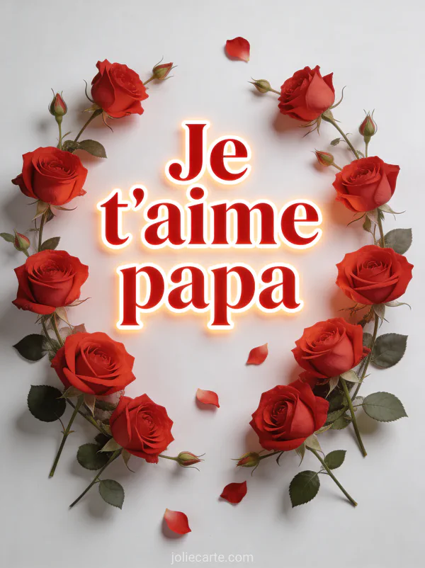 Roses rouges épanouies disposées en couronne sur fond blanc pur avec pétales qui tombent et le texte Je t'aime papa en lettres rouges