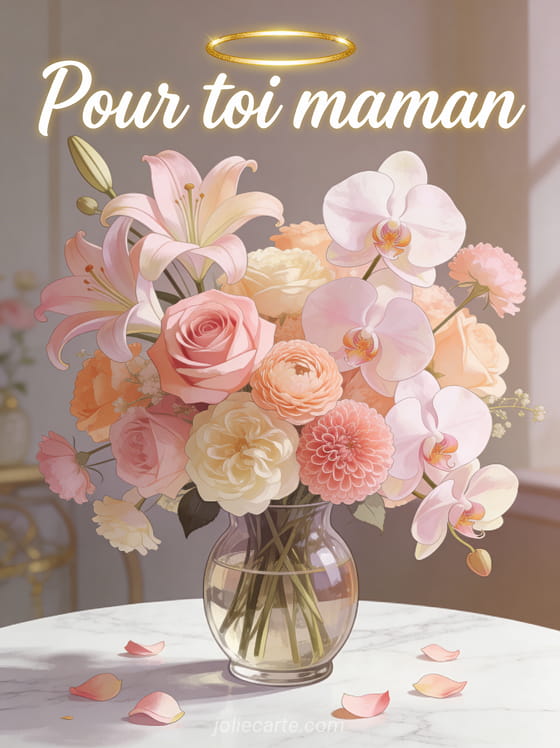 Arrangement luxueux de roses lys orchidées et renoncules pastel dans un vase en verre sur table en marbre blanc avec pétales et le texte Pour toi maman